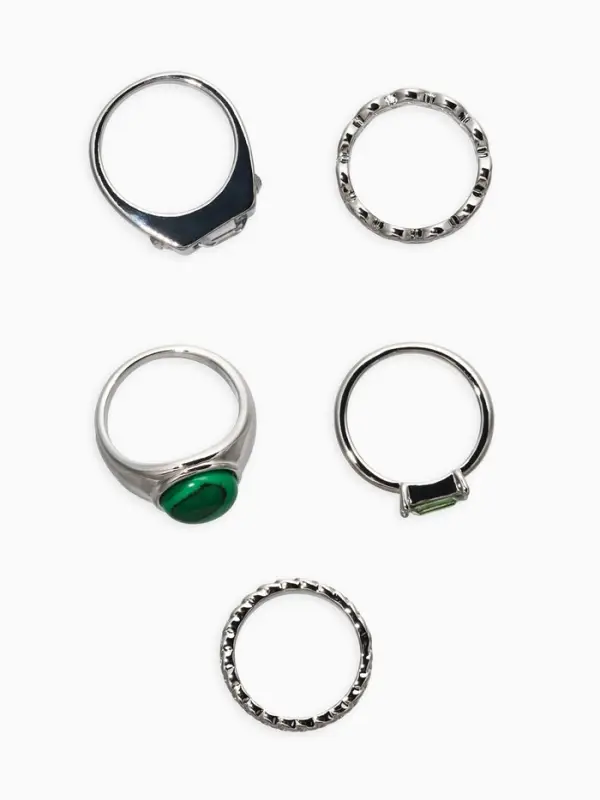 Набор колец 5 шт "Новый стиль" малахит, размер МИКС, цвет изумрудный в серебре