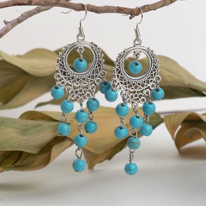 Серьги «Бирюзовый мир» круг и 5 дорожек бусинок, цвет голубой в чернёном серебре Серьги «Бирюзовый мир» круг и 5 дорожек бусинок, цвет голубой в чернёном серебре