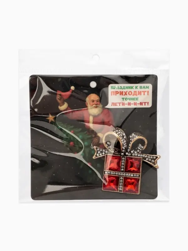 Брошь &laquo;Подарок&raquo;, с бантиком, красная, белый в чернёном золоте