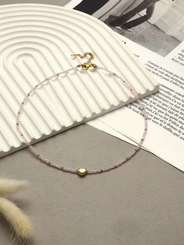 Чокер бисерный &laquo;Сердце&raquo;, бусина №4, розовый в золоте, 35 см