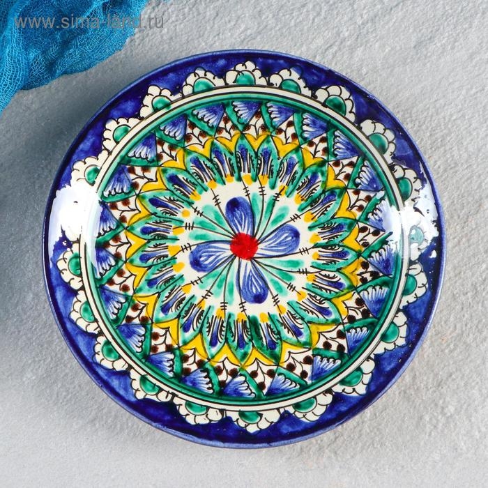 Тарелка Риштанская Керамика Тарелка Риштанская Керамика "Цветы", синяя, плоская, 15 см