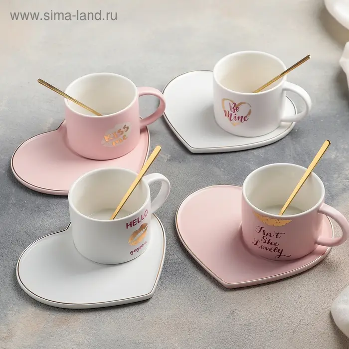 Чайная пара керамическая с ложкой «Поцелуй», 2 предмета: кружка 200 мл, тарелка 15,5×13,5 см, цвет МИКС Чайная пара керамическая с ложкой «Поцелуй», 2 предмета: кружка 200 мл, тарелка 15,5×13,5 см, цвет МИКС
