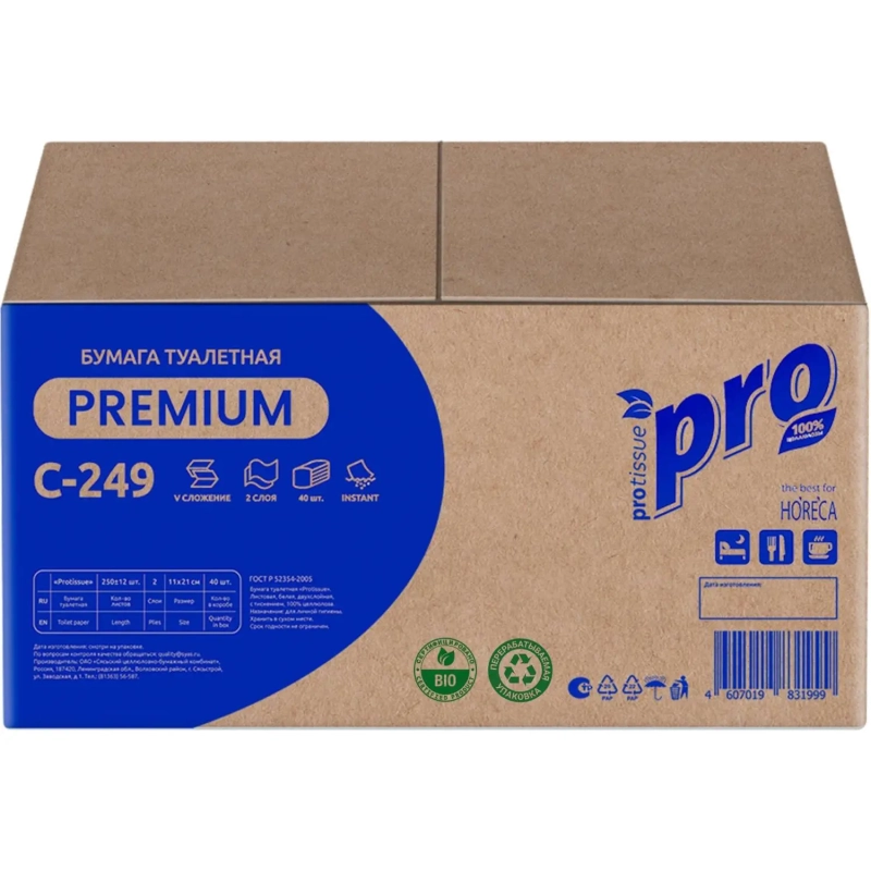 Бумага туалетная д/дисп Protissue 2сл белая цел 250л/пач 40пач/кор_С249