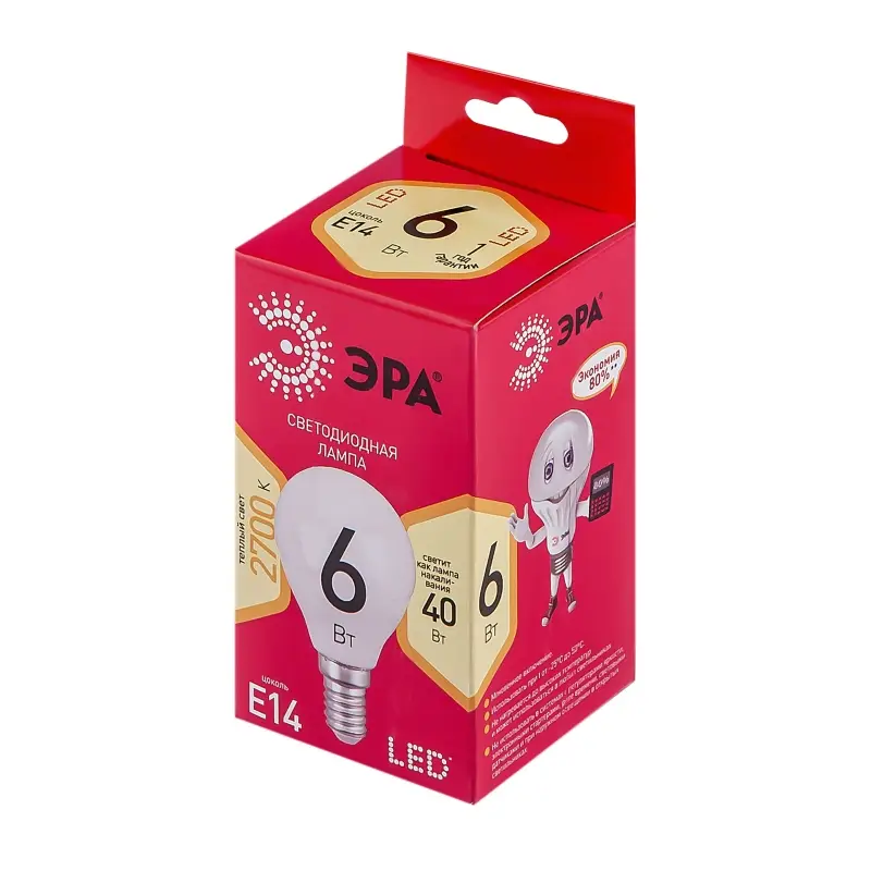 Лампа светодиодная LED 6 Вт 480Лм 2700К шар теплый E14 220-240В LED P45-6W-827-E14 Red Line