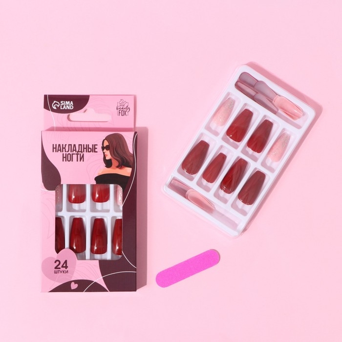 Накладные ногти &laquo;Страсть&raquo;, 24 шт, клеевые пластины, форма балерина, цвет глянцевый красный/розовый/серебристый