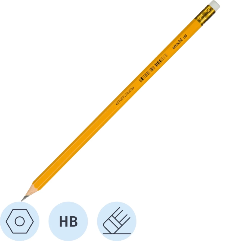 Карандаш чернографитный HB плаcтик, с ластиком желт.корпус