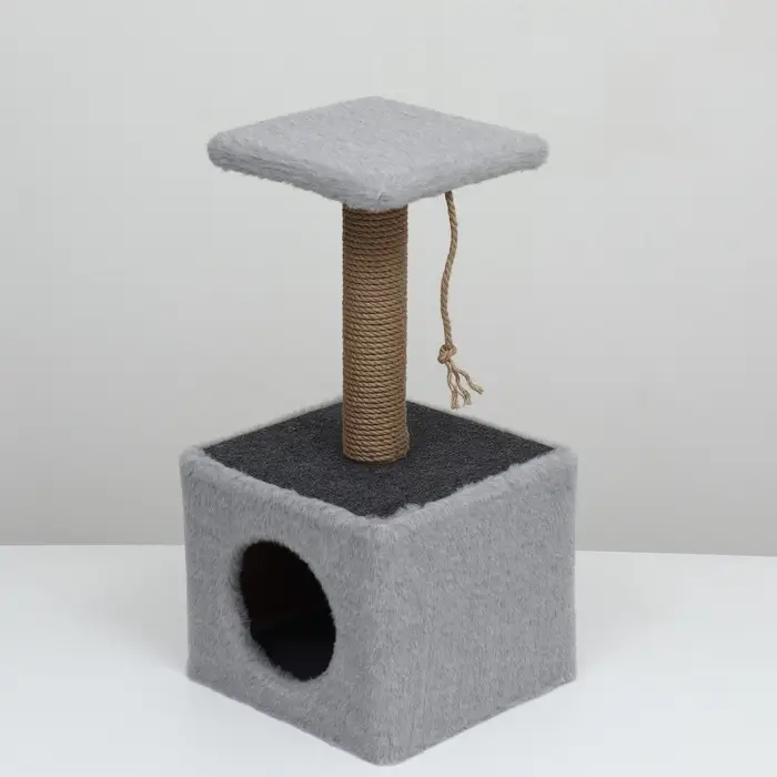 Домик для животных с когтеточкой, 32&times;32&times;64 см, с полкой, джут, серый