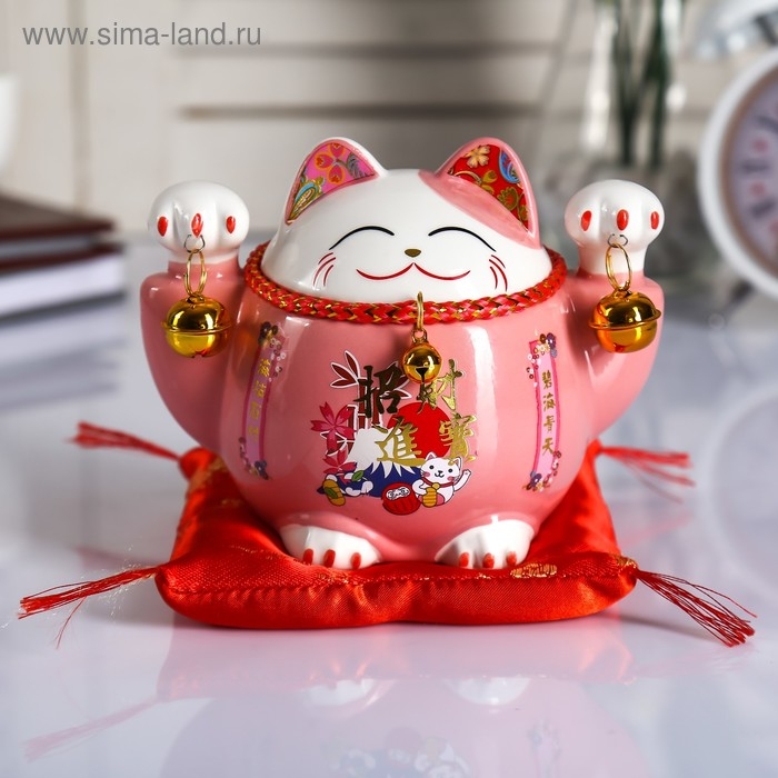 Копилка керамика Копилка керамика "Кот манэки-нэко розовый с колокольчиками" 10,5х13,5х9 см