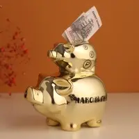 Копилка для денег &laquo;Свинки: Накопилка&raquo;, керамика, золотая, 12.5&times;8&times;14 см