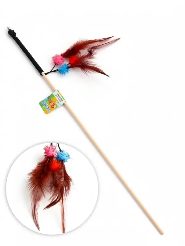 Дразнилка - удочка &laquo;Салют из перьев с шариками&raquo;, на деревянной палочке, с бубенчиком
