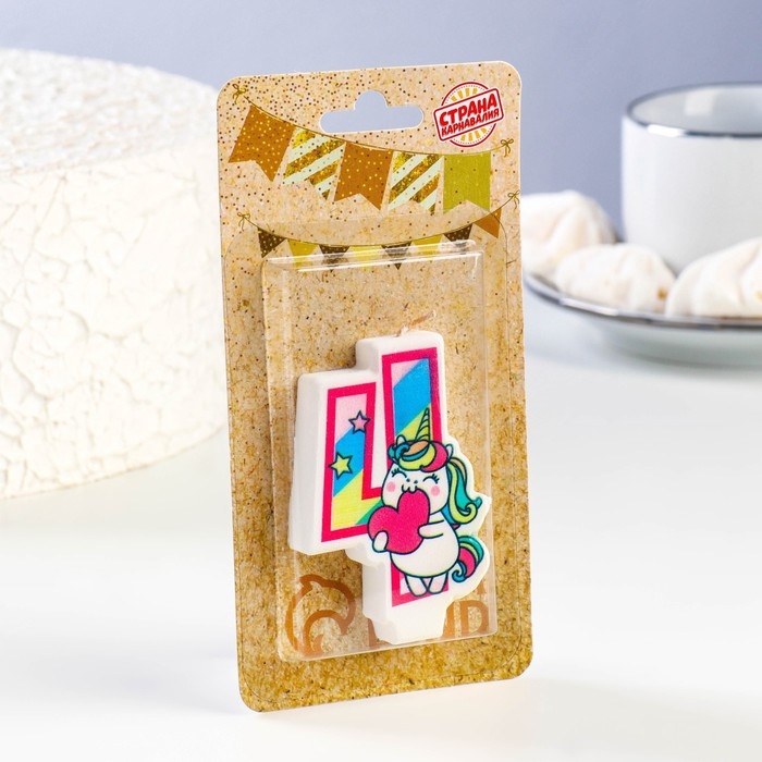 Свеча в торт Свеча в торт "Единорог с шариком", цифра 4, розовый, 6,5 см