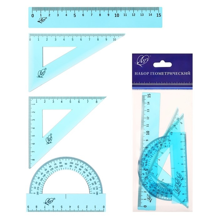 Набор чертёжный 4 предмета (линейка 15 см, угольник 30 °/ 60 °, 10 см; угольник 45 °/ 45 °, 8 см; транспортир 180 °, 9 см), прозрачный синий Набор чертёжный 4 предмета (линейка 15 см, угольник 30 °/ 60 °, 10 см; угольник 45 °/ 45 °, 8 см; транспортир 180 °, 9 см), прозрачный синий