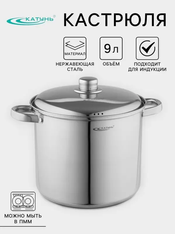Кастрюля Катунь &laquo;Гретта&raquo;, 9 л, d=24 см, с крышкой, капсульное дно, индукция, нержавеющая сталь, AISI - 201, хромированная