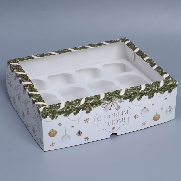 Коробка складная на 12 капкейков с окном «С Новым годом!» 32,8 х 25,6 х 10 см, Новый год Коробка складная на 12 капкейков с окном «С Новым годом!» 32,8 х 25,6 х 10 см, Новый год