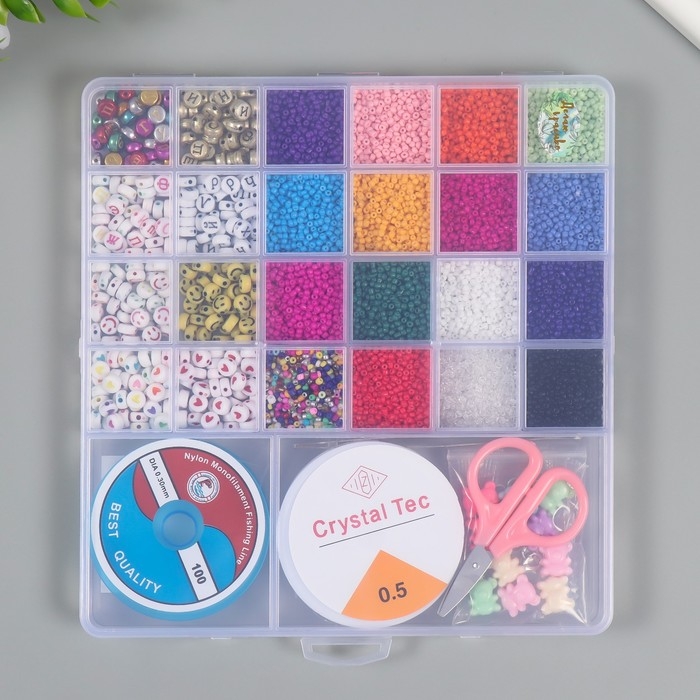 Бисер стекло 12/0 в шкатулке  Бисер стекло 12/0 в шкатулке "Яркий" бусины, леска, ножницы, пинцет 20х13х1,8 см