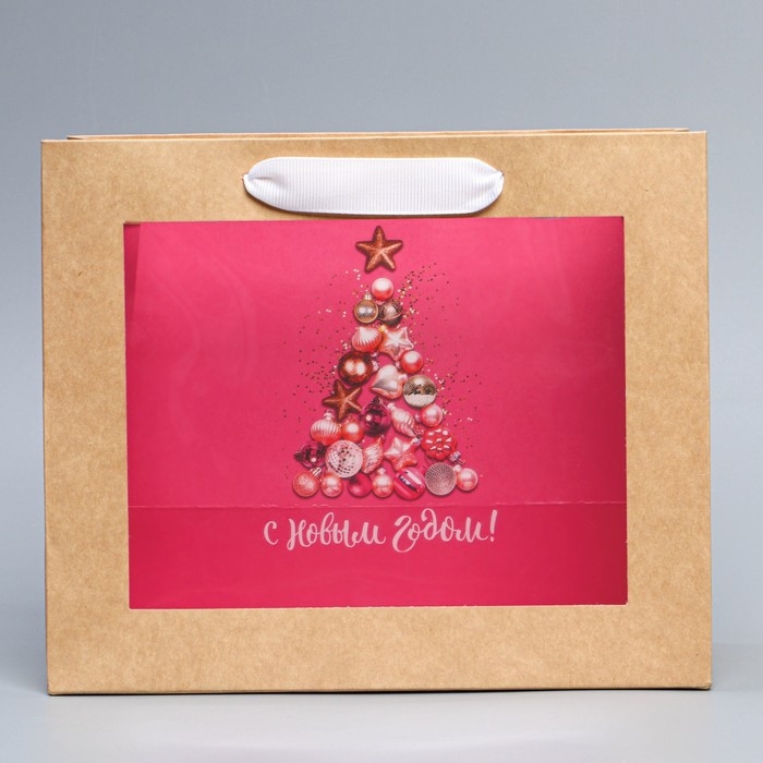 Пакет подарочный новогодний крафтовый с пластиковым окном «Новогодние шары», 24 х 20 х 11см Пакет подарочный новогодний крафтовый с пластиковым окном «Новогодние шары», 24 х 20 х 11см