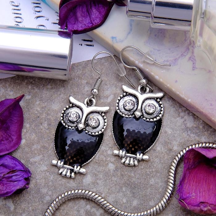 Серьги эмаль «Сова» винтажные цвет чёрный в серебре Серьги эмаль «Сова» винтажные цвет чёрный в серебре