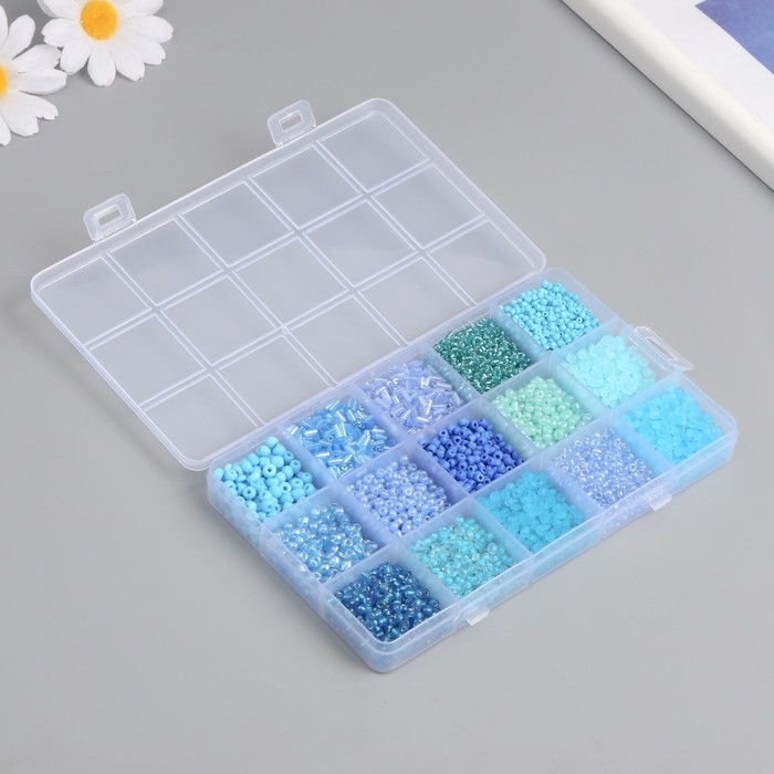Бисер стекло 6/0, 8/0, 12/0 в шкатулке  Бисер стекло 6/0, 8/0, 12/0 в шкатулке "Синий" стеклярус 15,5х9,5х1,6 см