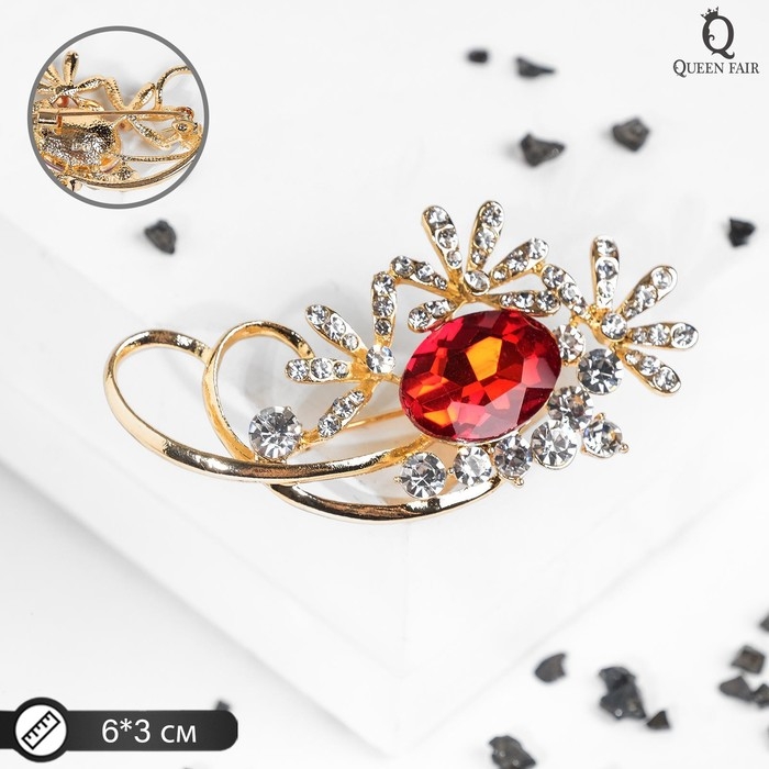 Брошь «Императрица» лакшери, цвет красно-белый в золоте Брошь «Императрица» лакшери, цвет красно-белый в золоте