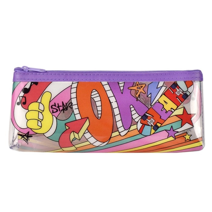 Пенал мягкий, 1 отделение, 90 х 210 х 35 мм, объёмный, Феникс "Стикеры" ТПУ белый/фиолетовый 65735