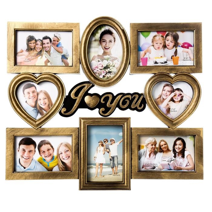 Фоторамка пластик на 8 фото 12х12, 10х15 см  Фоторамка пластик на 8 фото 12х12, 10х15 см "Я люблю тебя" золото 43х43 см