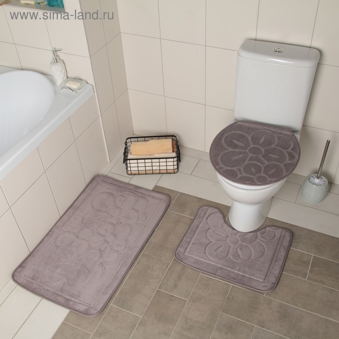 Набор ковриков для ванной и туалета Доляна, 3 шт, 36×43, 40×50, 50×80 см, цвет серый