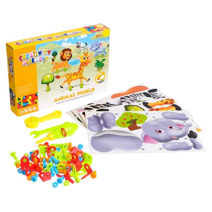 Конструктор винтовая мозаика «Животные сафари», 4 карточки, 3 инструмента Конструктор винтовая мозаика «Животные сафари», 4 карточки, 3 инструмента