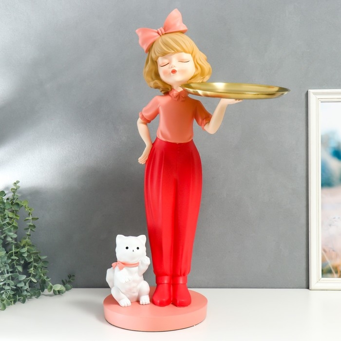Сувенир полистоун подставка  Сувенир полистоун подставка "Девочка с розовым бантом и кошечкой" d=26 см 76х27х35 см