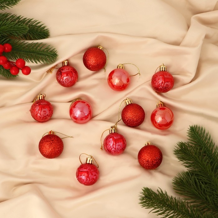 Набор шаров пластик d-4 см, 12 шт Набор шаров пластик d-4 см, 12 шт "Мелодия" узор глянец, красный