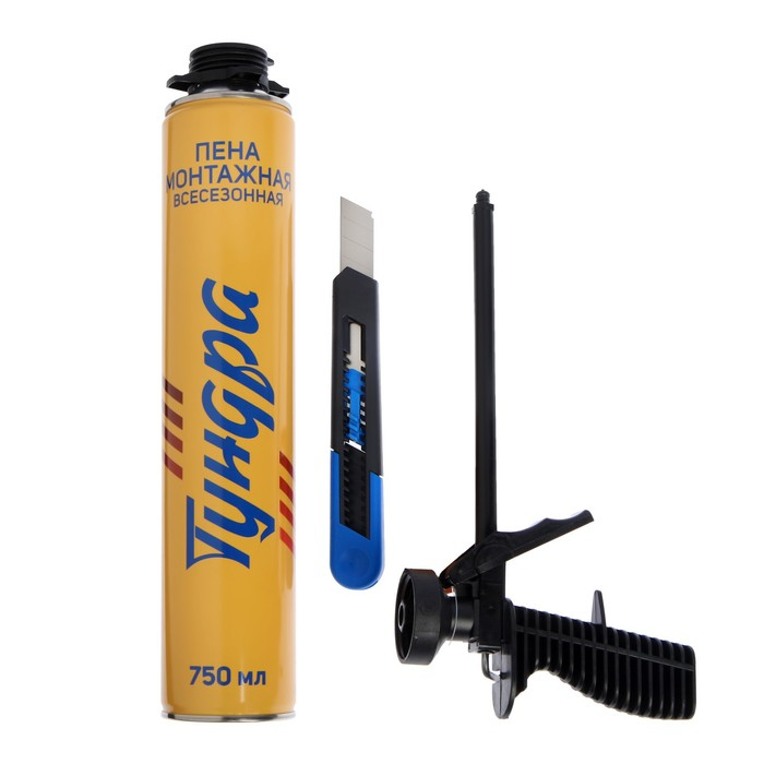 Набор ТУНДРА, пистолет для монтажной пены, пена монтажная, нож 18 мм Набор ТУНДРА, пистолет для монтажной пены, пена монтажная, нож 18 мм