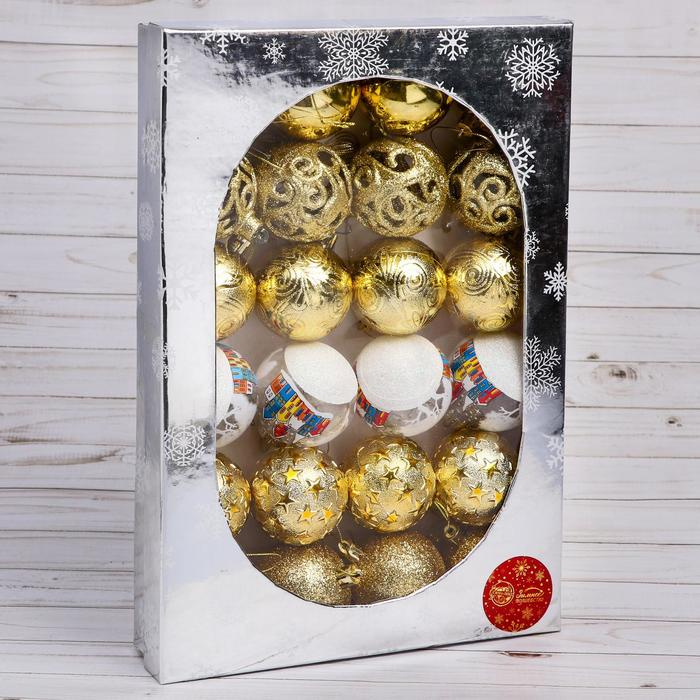 Набор шаров пластик d-6 см, 24 шт Набор шаров пластик d-6 см, 24 шт "Зимний домик" золото