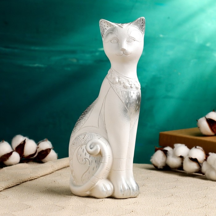 Фигура Фигура "Кот Фараон" белая в серебре, 28см