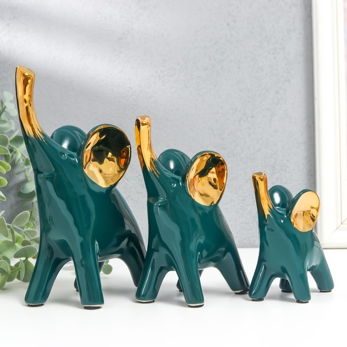 Сувенир керамика Сувенир керамика "Слоники - зелёный глянец" золото набор 3 шт 9х11; 10,5х15,5; 12,5х19 см