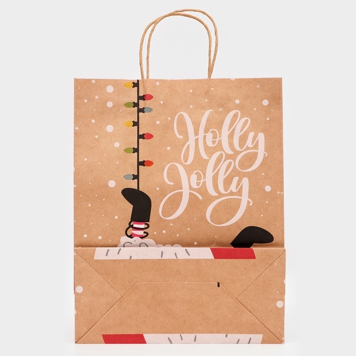 Новый год. Пакет бумажный подарочный новогодний крафт Новый год. Пакет бумажный подарочный новогодний крафт "Гирлянда", 33 × 26 × 12 см.
