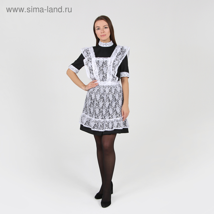 Школьный фартук с воланом по бретелям и низу, гипюр, цветы, р. 42-50, цвет белый Школьный фартук с воланом по бретелям и низу, гипюр, цветы, р. 42-50, цвет белый