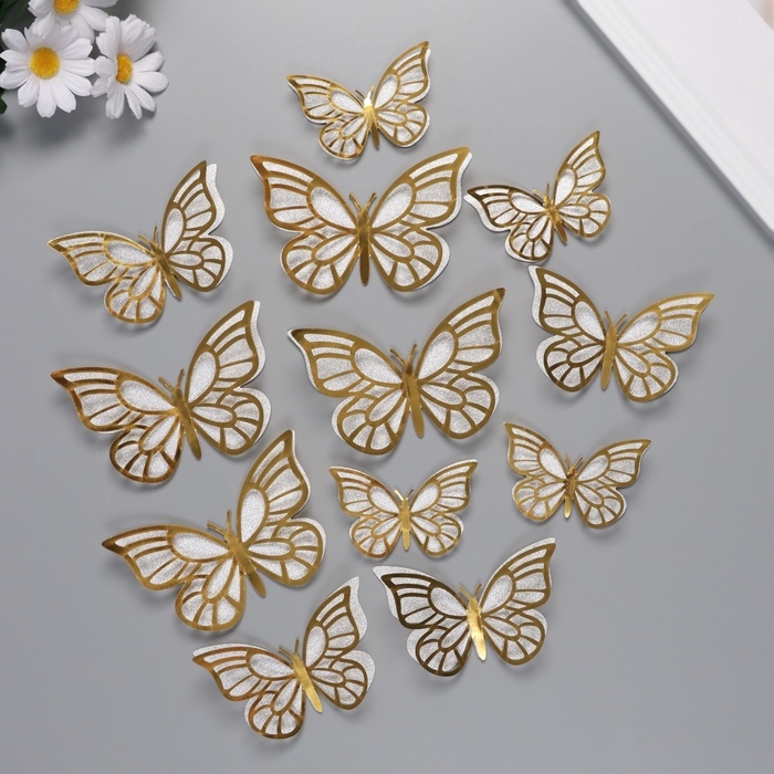Наклейка бумага, пластик Наклейка бумага, пластик "Бабочки, серебристый глиттер" набор 12 шт 12 см, 10 см 8 см