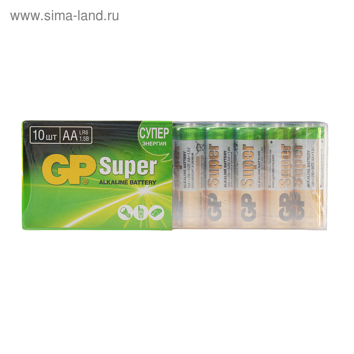 Батарейка алкалиновая GP Super, AA, LR6-10S, 1.5В, спайка, 10 шт. Батарейка алкалиновая GP Super, AA, LR6-10S, 1.5В, спайка, 10 шт.