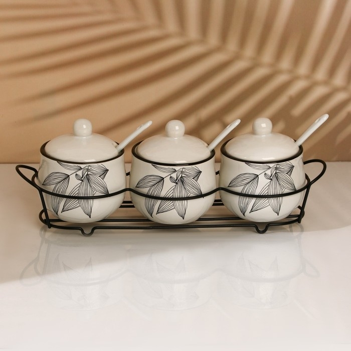 Банки керамические для специй на металлической подставке «Листья», 200 мл, 3 шт Банки керамические для специй на металлической подставке «Листья», 200 мл, 3 шт