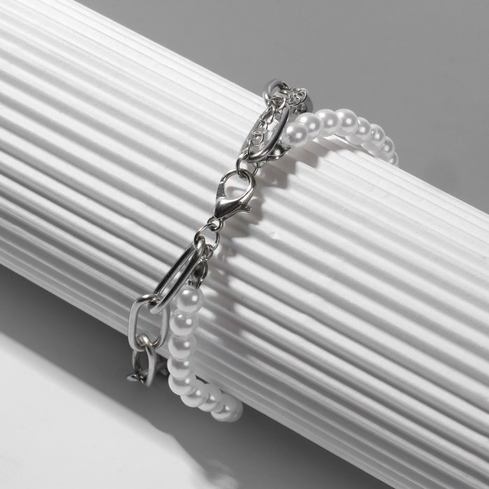 Браслет жемчуг «Замок» шар №8, цвет бело-серый в серебре, L=16 см Браслет жемчуг «Замок» шар №8, цвет бело-серый в серебре, L=16 см