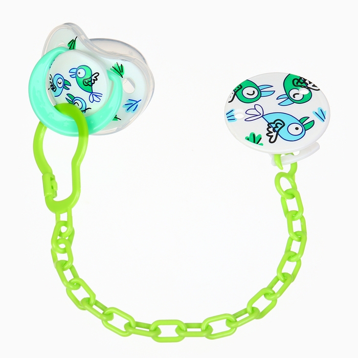 Набор: Соска - пустышка с держателем «Птички», ортодонтическая, +6 мес, цвет зеленый Набор: Соска - пустышка с держателем «Птички», ортодонтическая, +6 мес, цвет зеленый