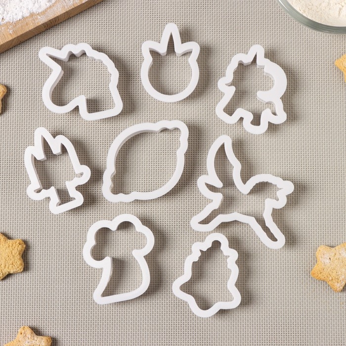 Набор форм для печенья Доляна «Праздник единорога», 8 предметов, 9×6×1,5 см, цвет белый Набор форм для печенья Доляна «Праздник единорога», 8 предметов, 9×6×1,5 см, цвет белый