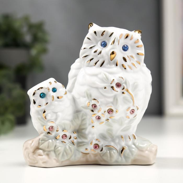 Сувенир керамика  Сувенир керамика "Белый филин с совёнком" с золотом, стразы 10,7 см