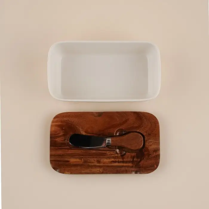 Паштетница с ножом SL Home &laquo;Южная акация&raquo;, фарфор, 2 предмета: паштетница с деревянной крышкой 650 мл, нож 12.3&times;3 см