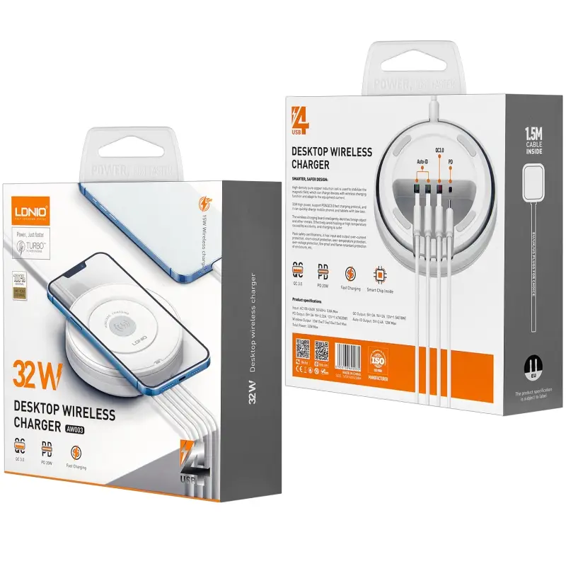 Беспроводное зарядное устройство + 3 USB + Type-C 32W AW003 LDNIO (50шт/кор) Беспроводное зарядное устройство + 3 USB + Type-C 32W AW003 LDNIO (50шт/кор)