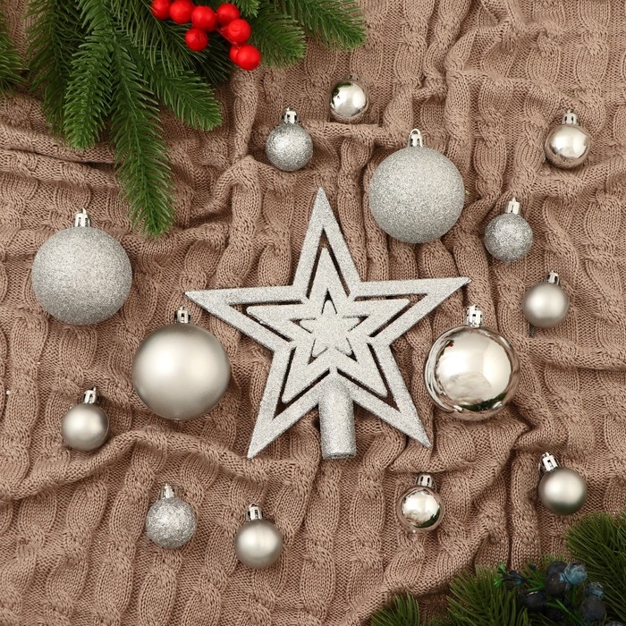 Ёлочные игрушки «Звёздный вечер» , пластиковые, набор 22 шт., серебристый Ёлочные игрушки «Звёздный вечер» , пластиковые, набор 22 шт., серебристый