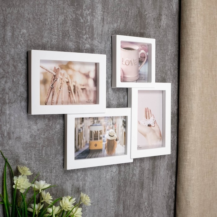 Фоторамка пластик на 4 фото 10х10, 10х15 см  Фоторамка пластик на 4 фото 10х10, 10х15 см "Простая" белая 29х37,5 см