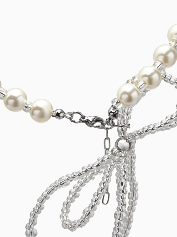 Бусы с жемчугом «Бантик» двойной, цвет белый в серебре, 37 см