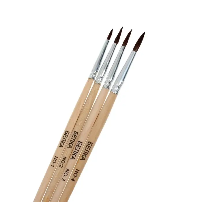 Набор кистей для рисования, белка, 4 штуки: № 1, 2, 3, 4, круглые, деревянная ручка, международный размер