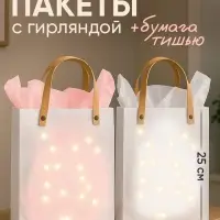 Пакеты подарочные с бумагой тишью и гирляндой, набор 2 шт., 20&times;8&times;25 см
