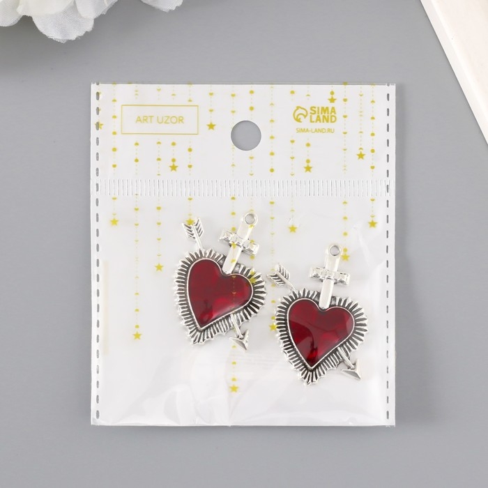 Декор для творчества металл Декор для творчества металл "Красное сердце стрела" серебро эмаль 3,9х3,4 см